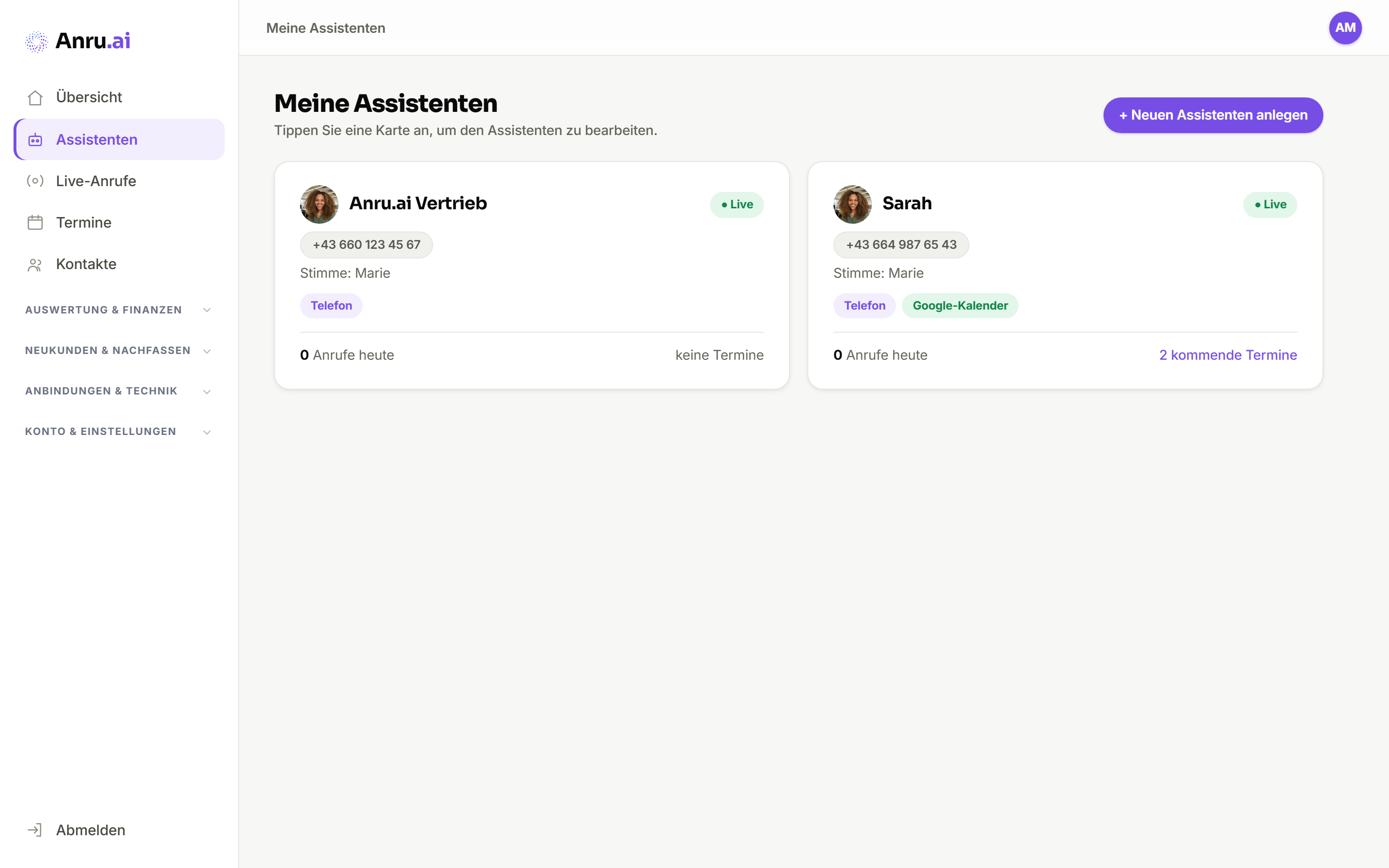 Anru.ai App: Meine Assistenten mit Rufnummer, Stimme und Kanälen